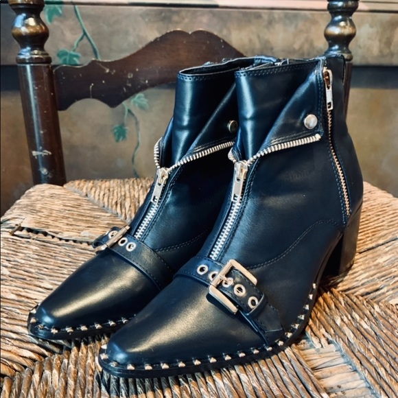 ✨Black Moto Ankle Boots Gold Zips Buckle Studs✨6.5 - Picture 3 of 13